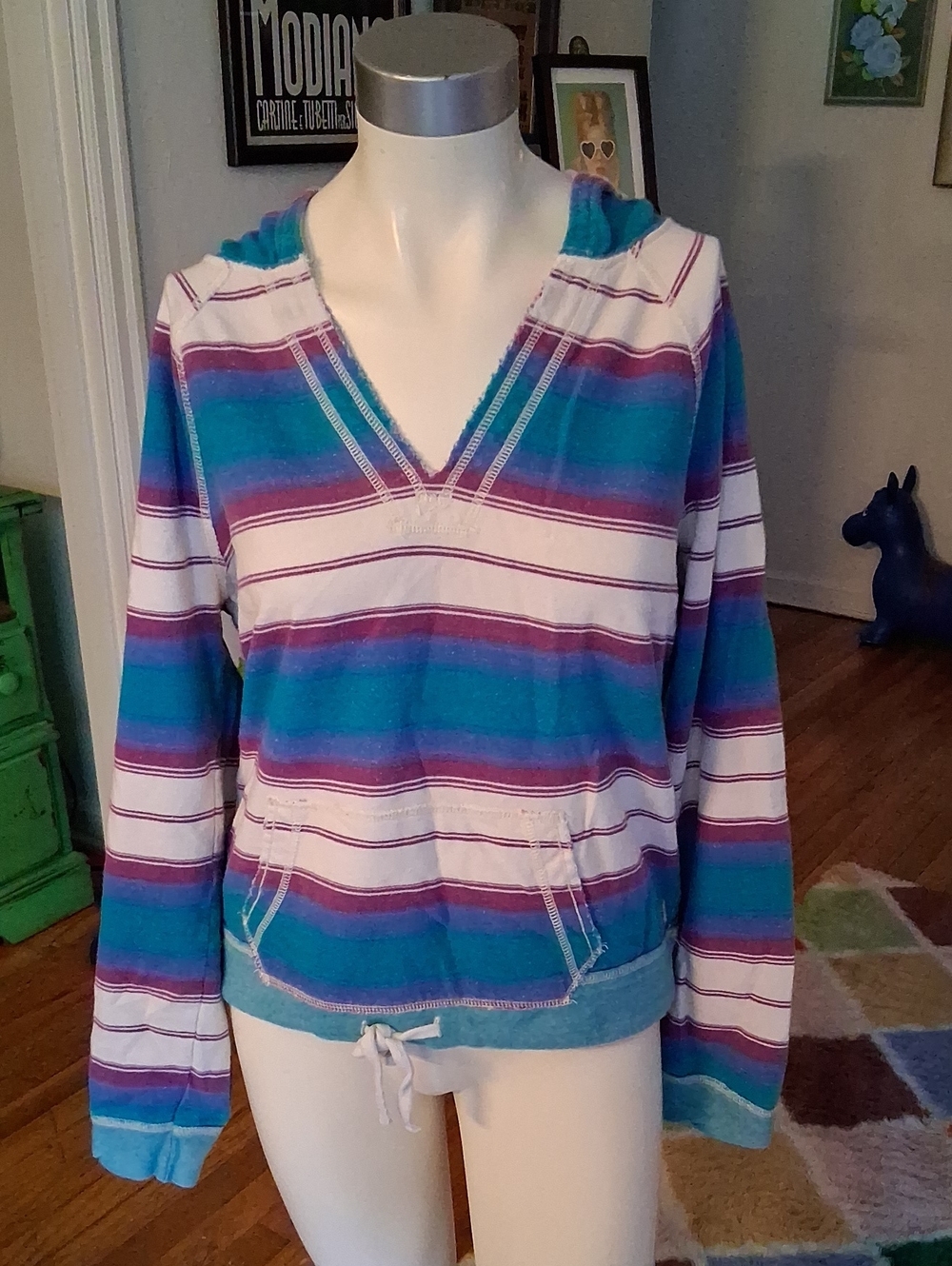 American Eagle Outfitters Striped Hooded Pullover in Teal, Purple & White
